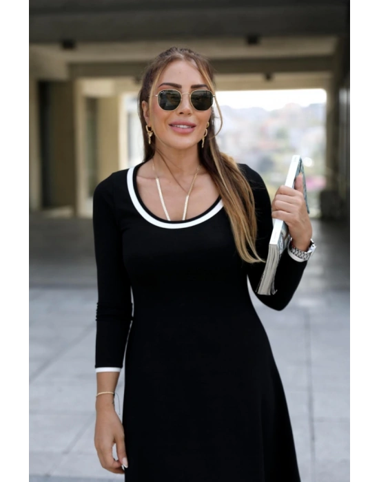 Kadın Uzun Kollu Derin Yuvarlak Yakalı Kısa Viskon Iki Iplik Elbise