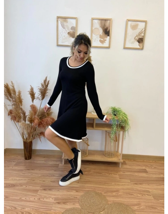 Kadın Uzun Kollu Derin Yuvarlak Yakalı Kısa Viskon Iki Iplik Elbise