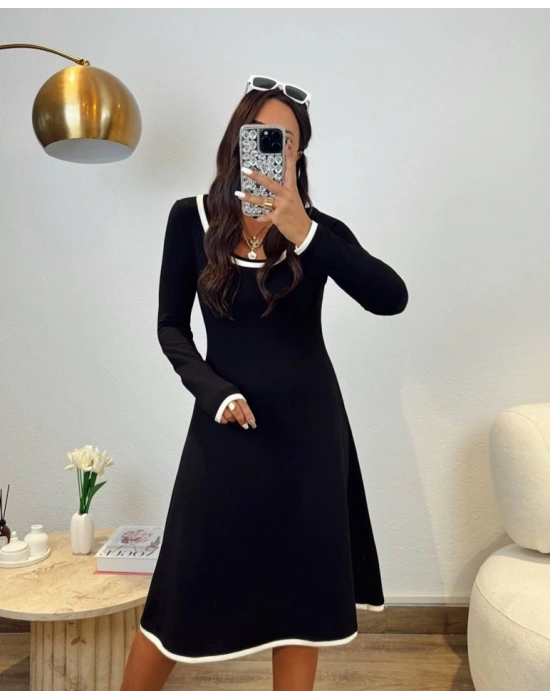 Kadın Uzun Kollu Derin Yuvarlak Yakalı Kısa Viskon Iki Iplik Elbise