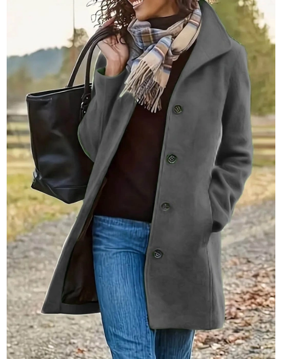 Kadın Uzun Kollu Dik Yakalı önden Düğmeli Kısa Kaşe Kaban