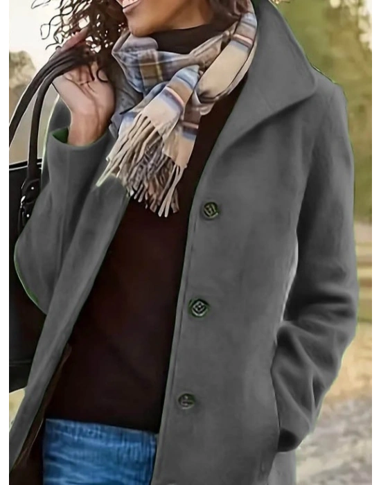 Kadın Uzun Kollu Dik Yakalı önden Düğmeli Kısa Kaşe Kaban