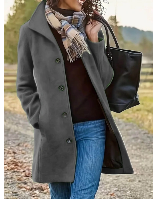 Kadın Uzun Kollu Dik Yakalı önden Düğmeli Kısa Kaşe Kaban