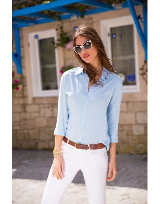 Kadın Uzun Kollu Dokuma Kumaş Klasik Gömlek