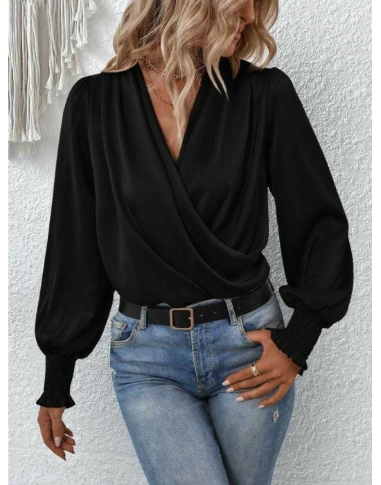 Kadın Uzun Kollu Dökümlü Kruvaze Yaka Kol Ucu Gipeli Sandy Bluz