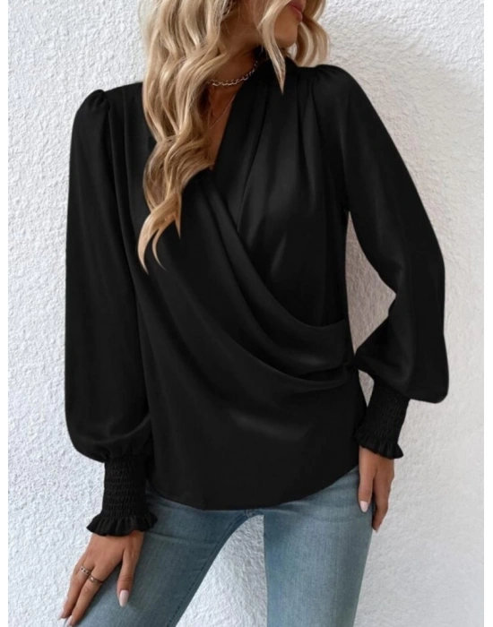 Kadın Uzun Kollu Dökümlü Kruvaze Yaka Kol Ucu Gipeli Sandy Bluz