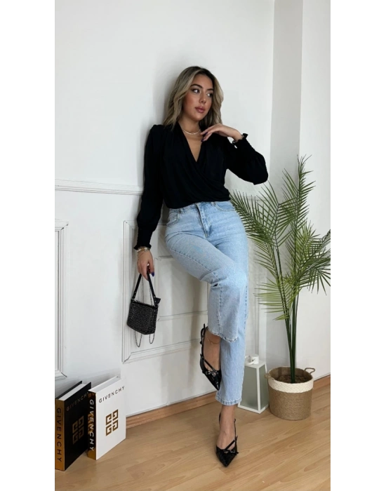 Kadın Uzun Kollu Dökümlü Kruvaze Yaka Kol Ucu Gipeli Sandy Bluz