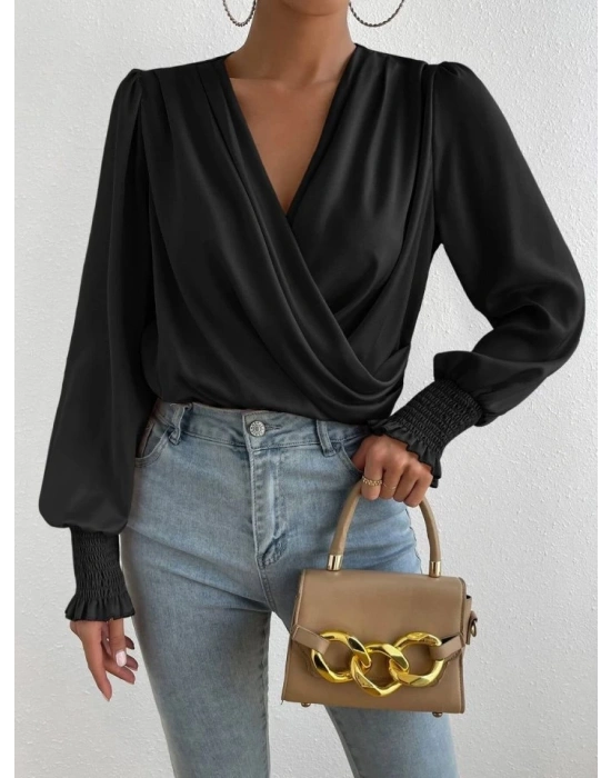 Kadın Uzun Kollu Dökümlü Kruvaze Yaka Kol Ucu Gipeli Sandy Bluz