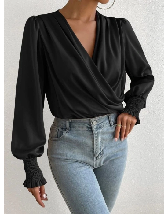 Kadın Uzun Kollu Dökümlü Kruvaze Yaka Kol Ucu Gipeli Sandy Bluz