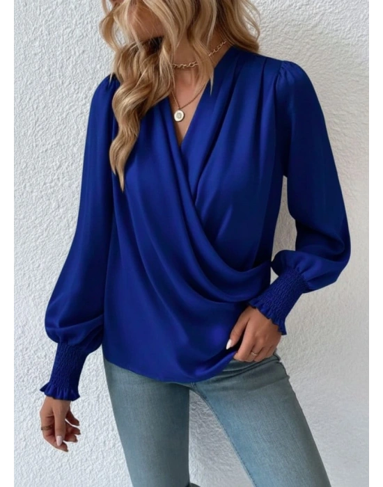 Kadın Uzun Kollu Dökümlü Kruvaze Yaka Kol Ucu Gipeli Sandy Lacivert Bluz