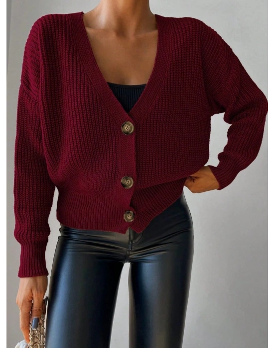 Kadın Uzun Kollu Düğme Detay Triko Bluz