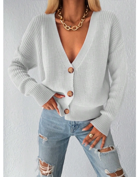 Kadın Uzun Kollu Düğme Detay Triko Bluz