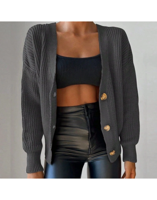 Kadın Uzun Kollu Düğme Detay Triko Bluz