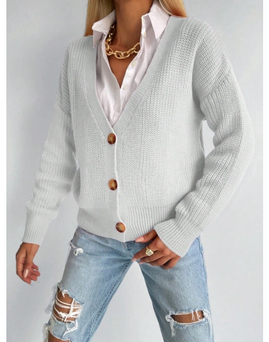 Kadın Uzun Kollu Düğme Detay Triko Bluz