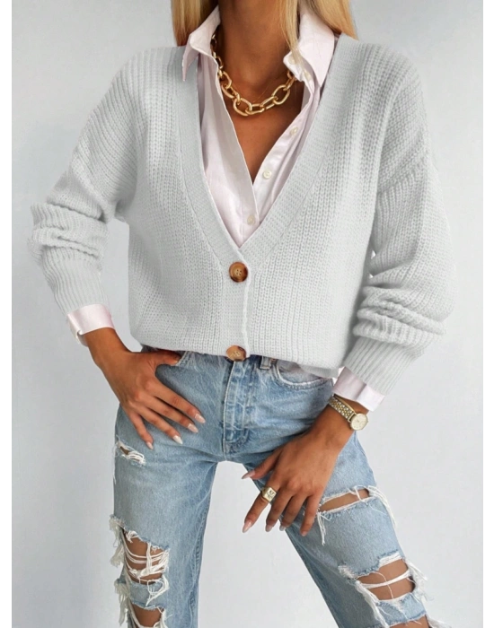 Kadın Uzun Kollu Düğme Detay Triko Bluz