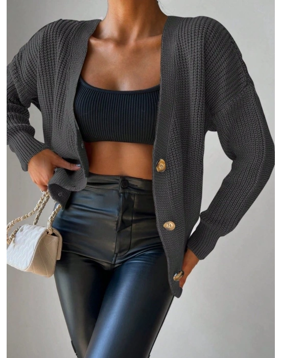 Kadın Uzun Kollu Düğme Detay Triko Bluz