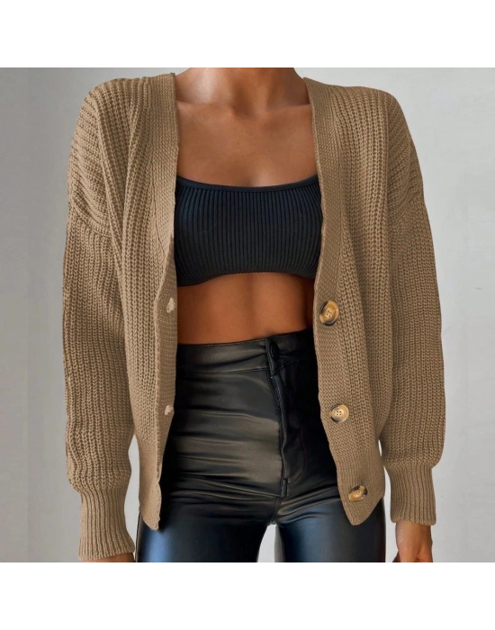 Kadın Uzun Kollu Düğme Detay Triko Bluz