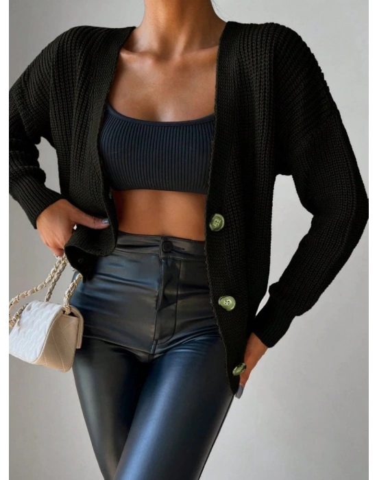 Kadın Uzun Kollu Düğme Detay Triko Hırka