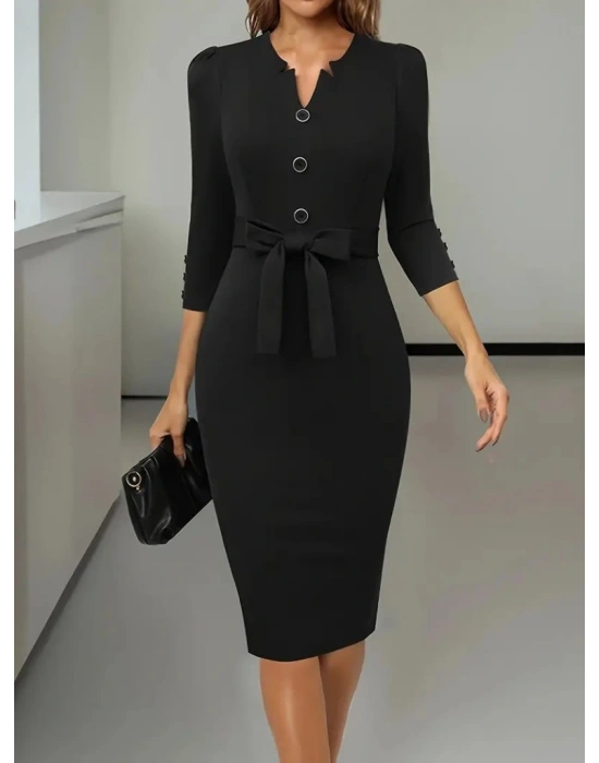 Kadın Uzun Kollu Düğme Detaylı Kendinden Kemerli Ithal Krep Elbise