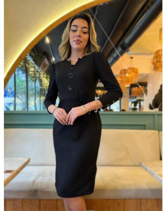 Kadın Uzun Kollu Düğme Detaylı Kendinden Kemerli Ithal Krep Elbise