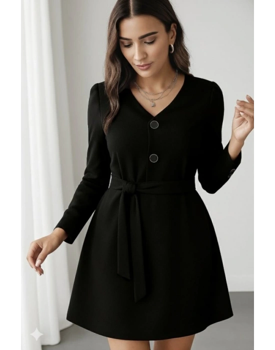 Kadın Uzun Kollu Düğme Detaylı Kendinden Kemerli Ithal Krep Elbise