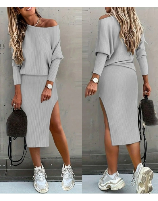 Kadın Uzun Kollu Düşük Omuz Yırtmaç Detay Kaşkorse Etek Bluz Ikili Takım