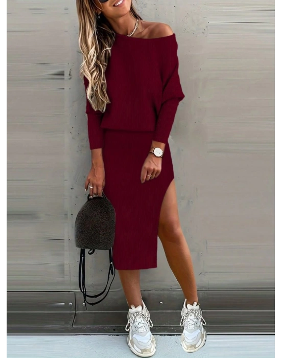 Kadın Uzun Kollu Düşük Omuz Yırtmaç Detay Kaşkorse Etek Bluz Ikili Takım