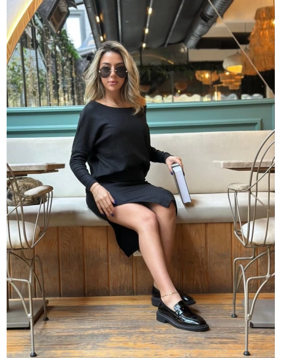 Kadın Uzun Kollu Düşük Omuz Yırtmaç Detay Kaşkorse Etek Bluz Ikili Takım