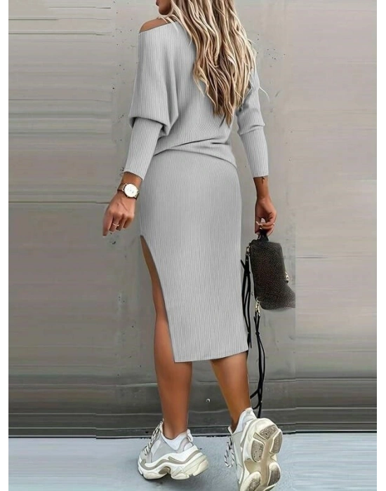 Kadın Uzun Kollu Düşük Omuz Yırtmaç Detay Kaşkorse Etek Bluz Ikili Takım