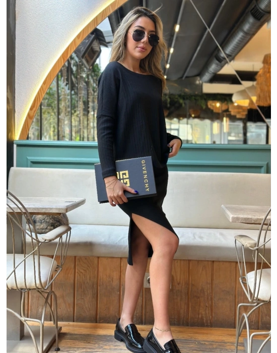 Kadın Uzun Kollu Düşük Omuz Yırtmaç Detay Kaşkorse Etek Bluz Ikili Takım