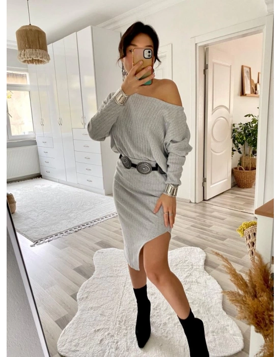 Kadın Uzun Kollu Düşük Omuz Yırtmaç Detay Kaşkorse Etek Bluz Ikili Takım