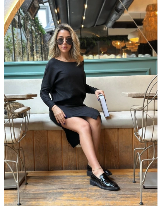 Kadın Uzun Kollu Düşük Omuz Yırtmaç Detay Kaşkorse Etek Bluz Ikili Takım