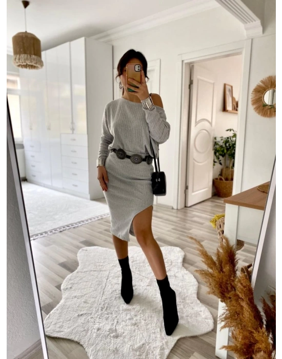 Kadın Uzun Kollu Düşük Omuz Yırtmaç Detay Kaşkorse Etek Bluz Ikili Takım