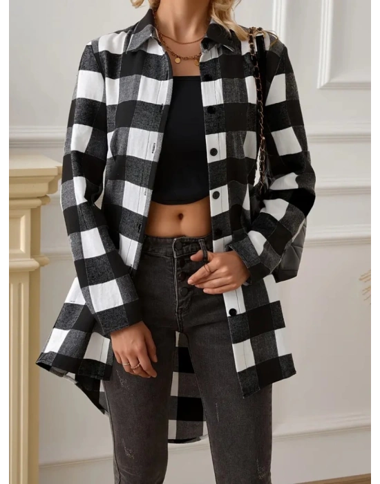 Kadın Uzun Kollu Ekoseli önden Düğmeli Dokuma Uzun Gömlek