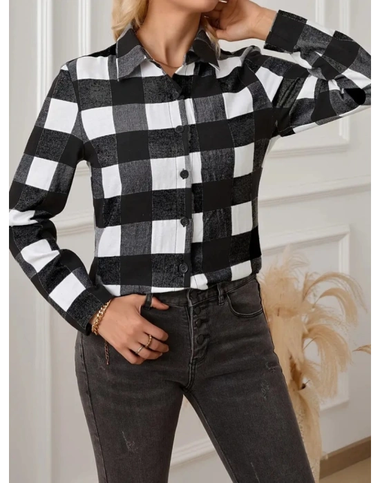 Kadın Uzun Kollu Ekoseli önden Düğmeli Dokuma Uzun Gömlek