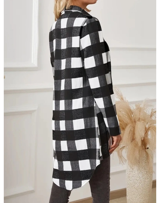 Kadın Uzun Kollu Ekoseli önden Düğmeli Dokuma Uzun Gömlek