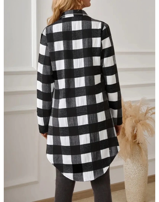 Kadın Uzun Kollu Ekoseli önden Düğmeli Dokuma Uzun Gömlek