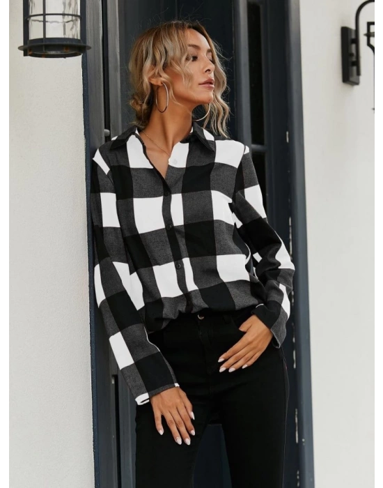 Kadın Uzun Kollu Ekoseli önden Düğmeli Dokuma Uzun Gömlek