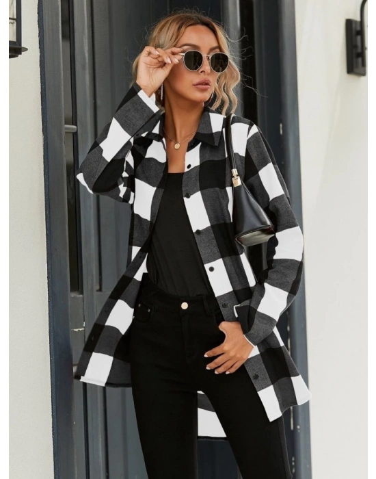 Kadın Uzun Kollu Ekoseli önden Düğmeli Dokuma Uzun Gömlek