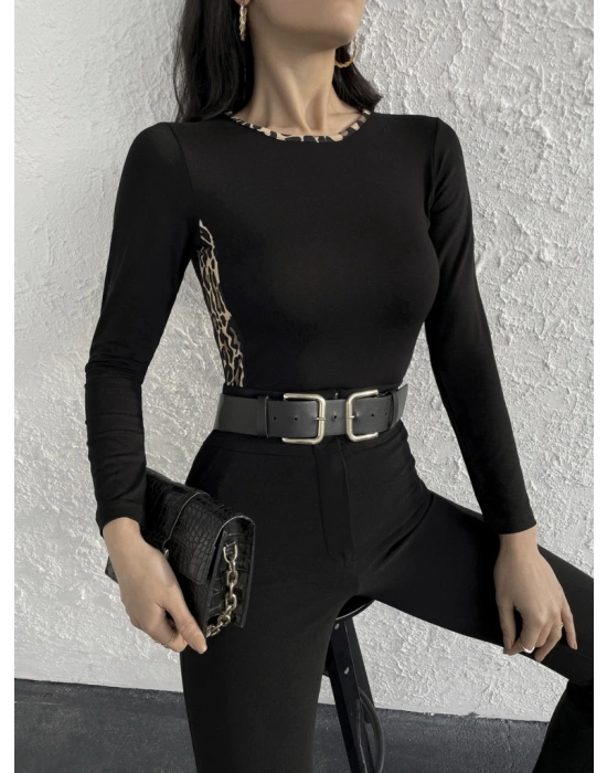 Kadın Uzun Kollu Leopar şeritli Viskon Bluz