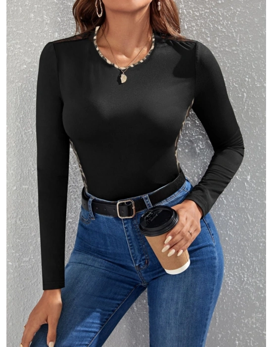 Kadın Uzun Kollu Leopar şeritli Viskon Bluz