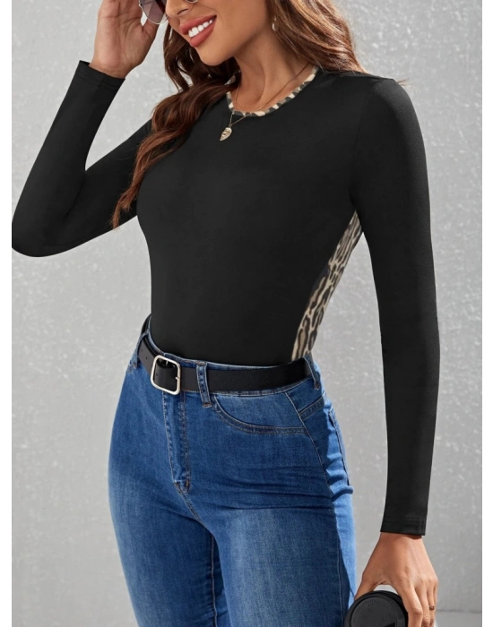 Kadın Uzun Kollu Leopar şeritli Viskon Bluz