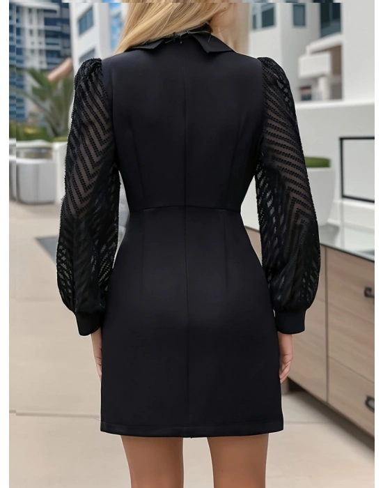 Kadın Uzun Kollu Eteği Düğme Kolu Tül Detay Ithal Krep Ceket Yaka Mini Elbise