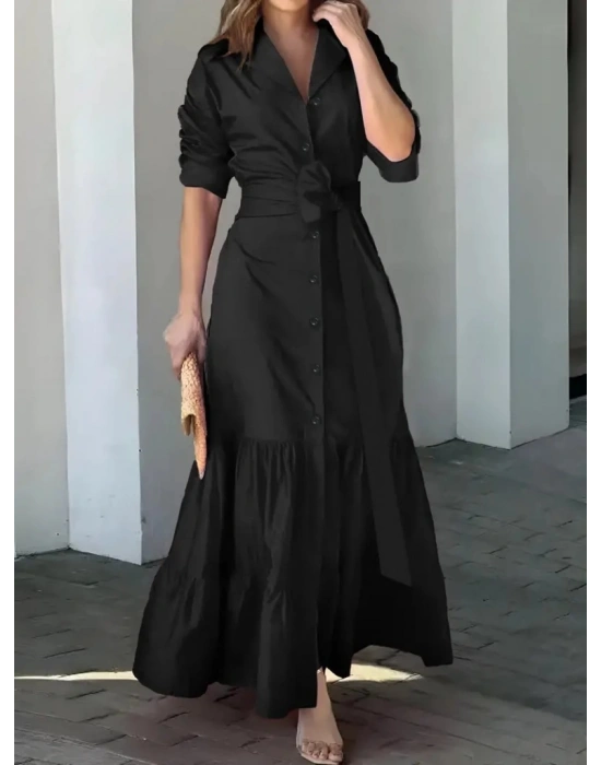 Kadın Uzun Kollu Eteği Fırfırlı Beli Kuşaklı Trikoton Tam Boy Gömlek Elbise