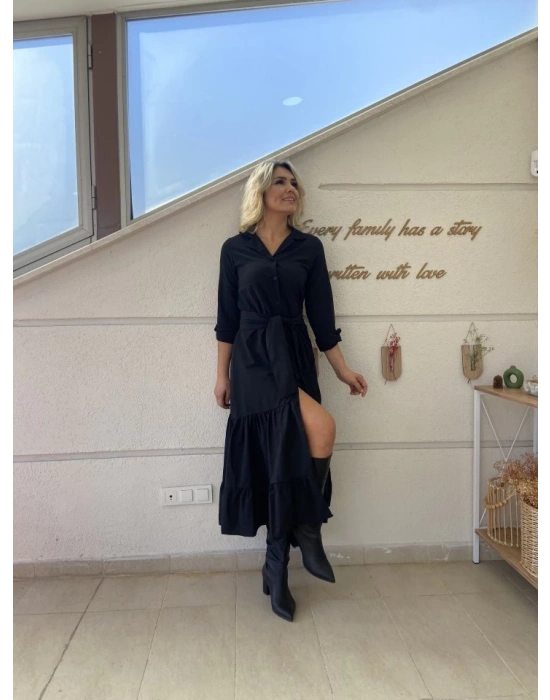 Kadın Uzun Kollu Eteği Fırfırlı Beli Kuşaklı Trikoton Tam Boy Gömlek Elbise