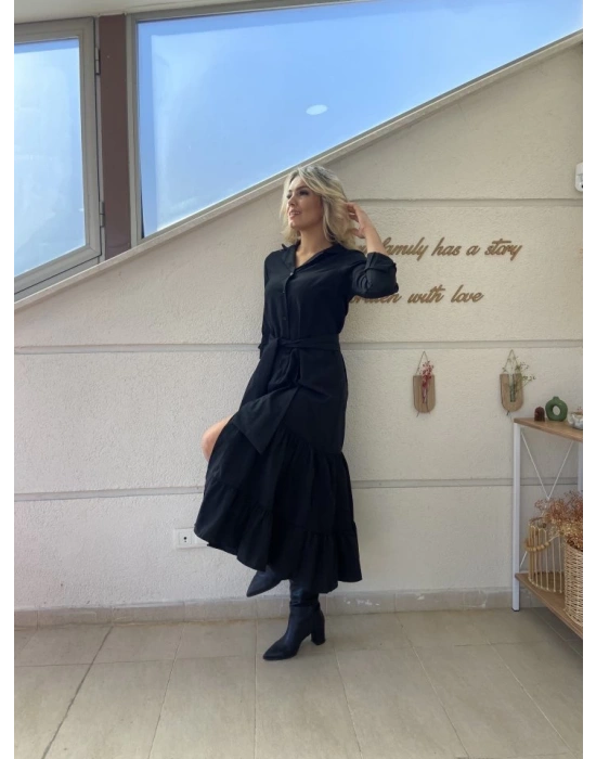 Kadın Uzun Kollu Eteği Fırfırlı Beli Kuşaklı Trikoton Tam Boy Gömlek Elbise