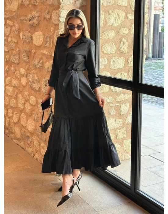 Kadın Uzun Kollu Eteği Fırfırlı Beli Kuşaklı Trikoton Tam Boy Gömlek Elbise