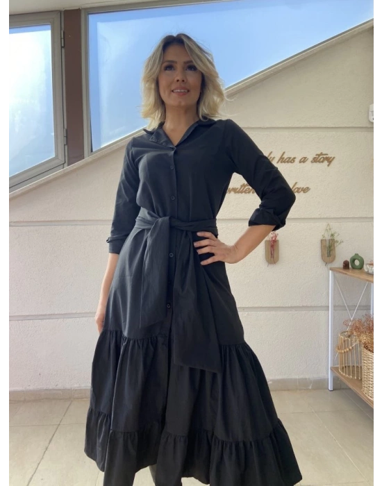 Kadın Uzun Kollu Eteği Fırfırlı Beli Kuşaklı Trikoton Tam Boy Gömlek Elbise