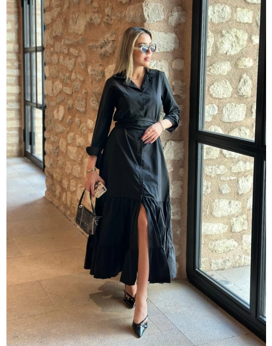 Kadın Uzun Kollu Eteği Fırfırlı Beli Kuşaklı Trikoton Tam Boy Gömlek Elbise