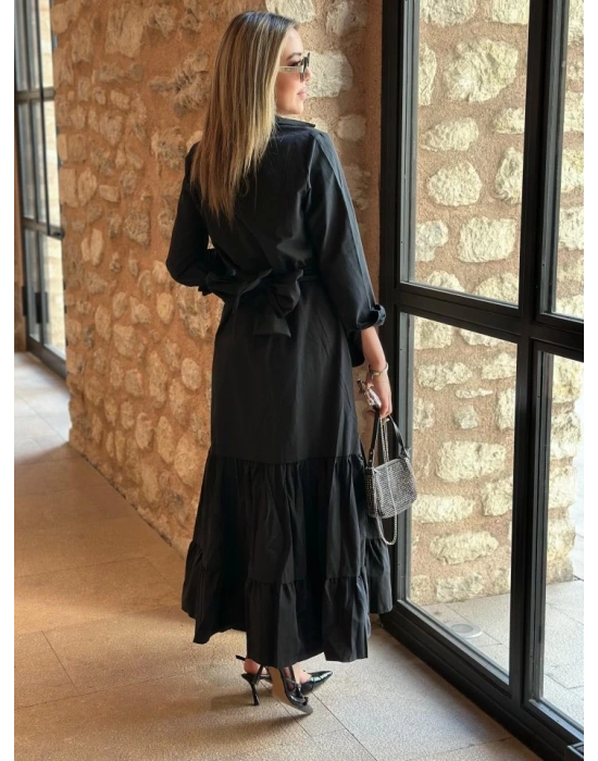 Kadın Uzun Kollu Eteği Fırfırlı Beli Kuşaklı Trikoton Tam Boy Gömlek Elbise