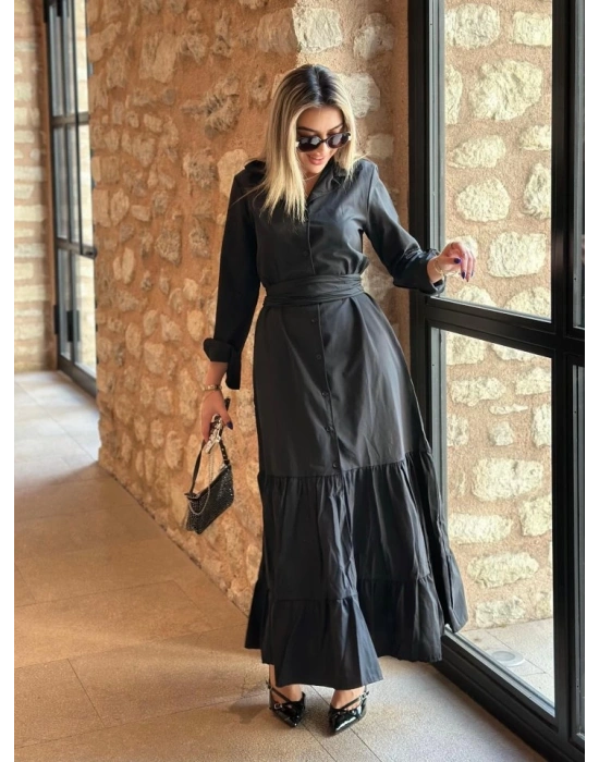 Kadın Uzun Kollu Eteği Fırfırlı Beli Kuşaklı Trikoton Tam Boy Gömlek Elbise